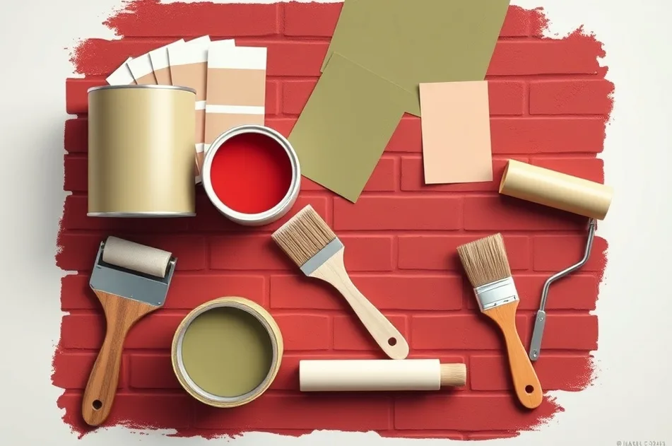 Pots de peinture, nuancier, brosses et rouleaux disposés à plat