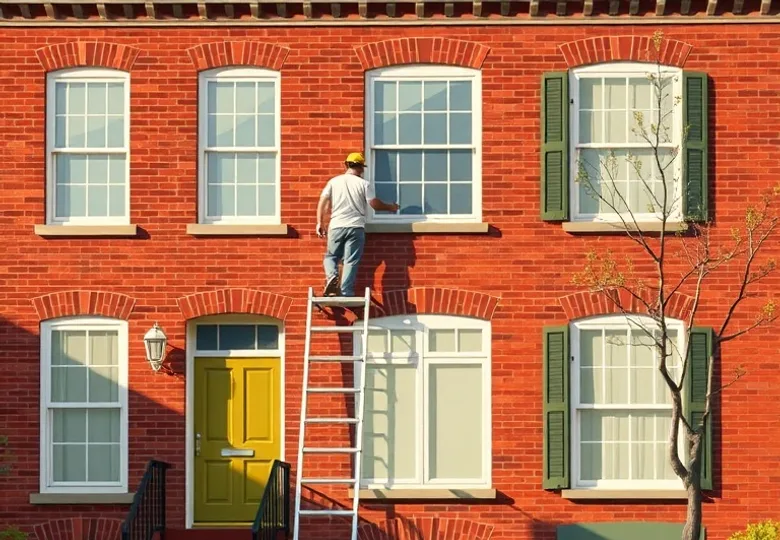 Peintre sur échafaudage traitant la façade d'une maison